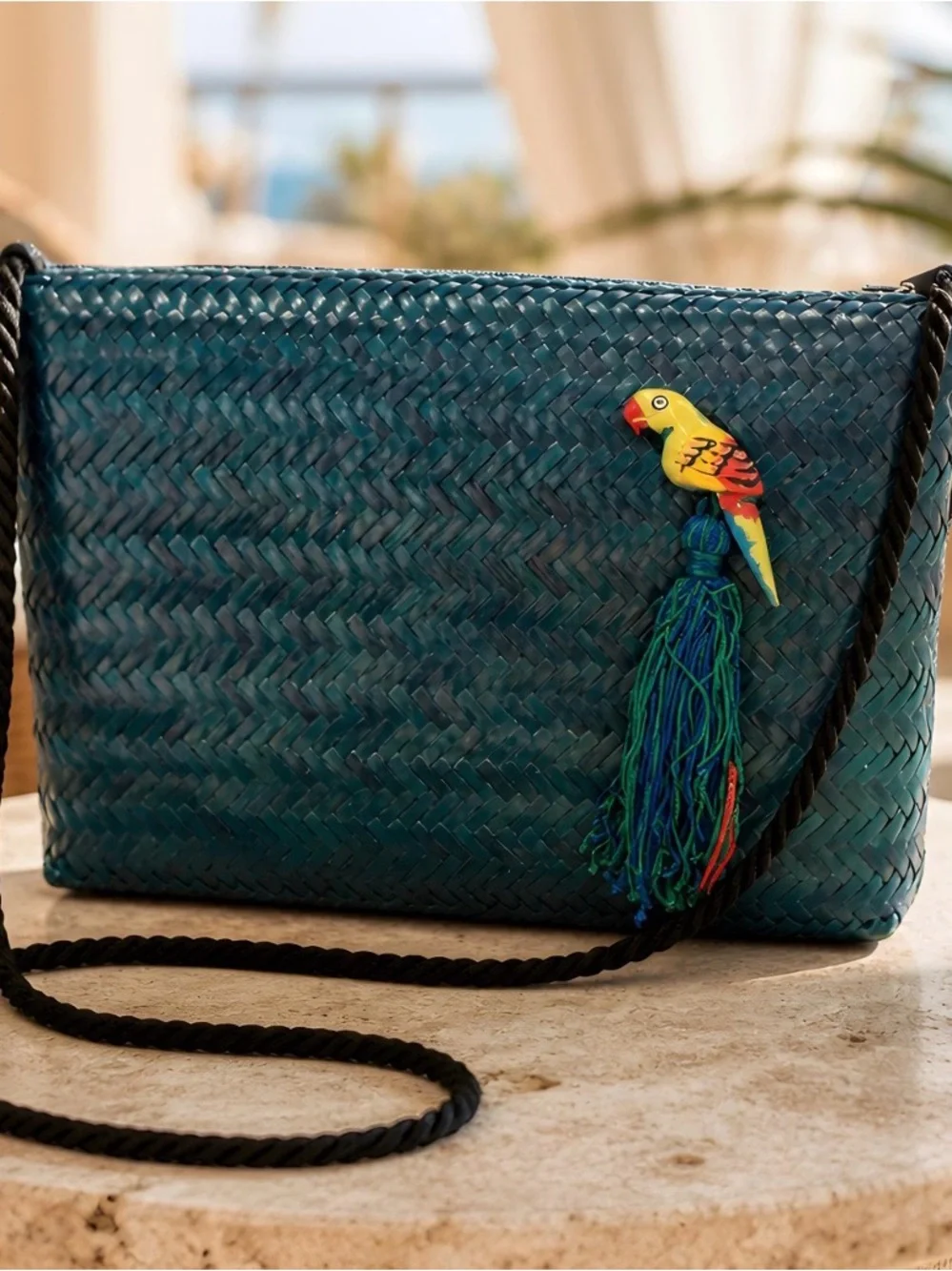 Vintage Handwoven Tropical Crossbody Purse Parrot Tassel Woven Straw Bag Boho Re